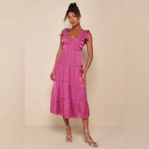 NWT Lulus Exemplary Shine Magenta Organza Tie-Strap Tiered Midi Dress